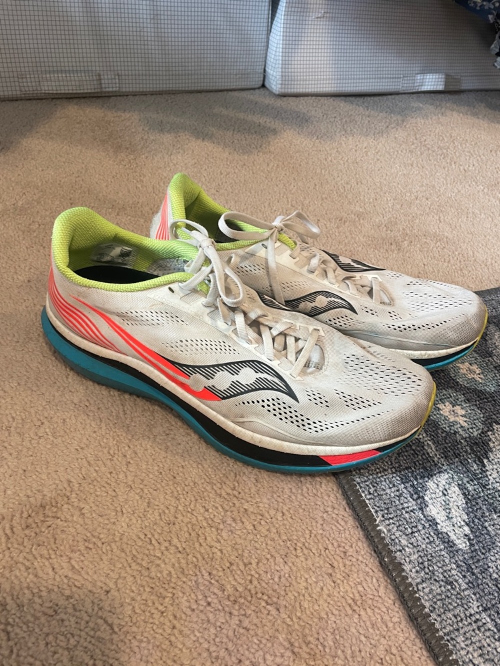 Men’s Saucony White Running Shoes with Teal & Neon Lime Accents